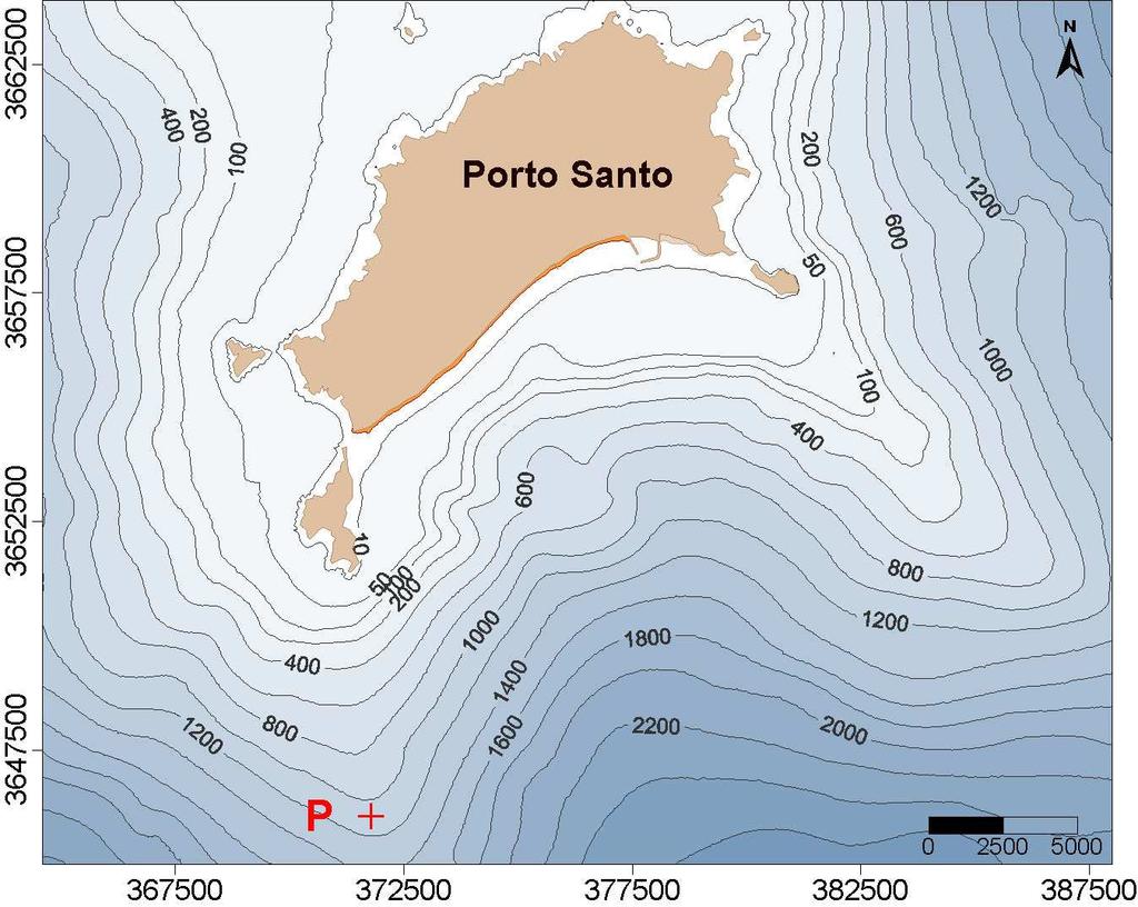 Figura 2 Ilha do Porto Santo. Localização do ponto P, em frente à praia do Porto Santo.