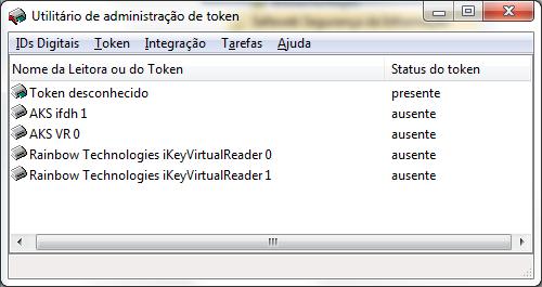 Esta é a tela de Administração do token. Tela de Administração do Token As opções de administração estão disponíveis ao clicar com o botão direito do mouse sobre o token.