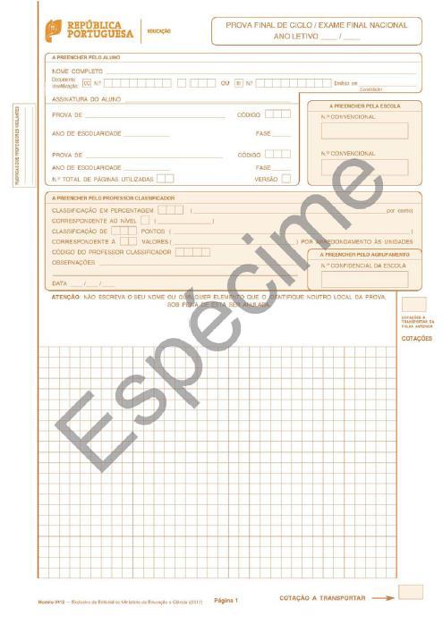 Folha de prova final de Matemática (92) e dos exames finais nacionais