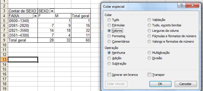 c) Copie os valores da tabela dinâmica e cole em outra parte da planilha. Atenção: utilize a opção colar especial, somente valores e conclua a tabela bivariada.