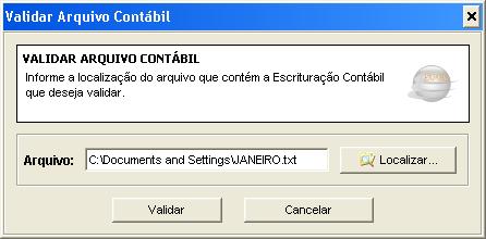 Será aberta a tela abaixo para validar o arquivo contábil.