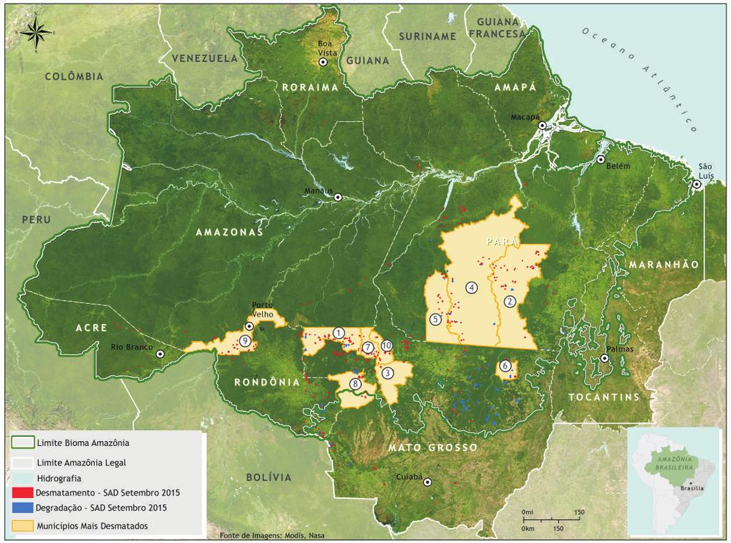 Municípios críticos Em setembro de 2015, os municípios mais desmatados foram: Nova Mamoré (Rondônia) e Novo Progresso (Pará) (Figura 8 e 9). Figura 8.