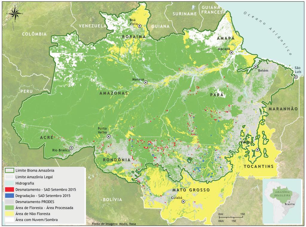 Cobertura de nuvem e sombra Em setembro de 2015, foi possível monitorar com o SAD 96% da área florestal na Amazônia Legal.