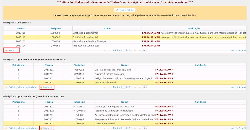 Nessa tela é possível remover alguma disciplina que não