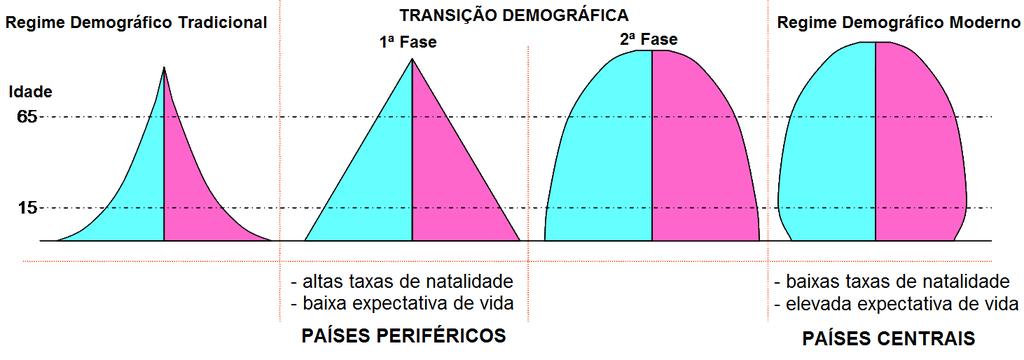 Figura 7 Mudanças na pirâmide etária, em decorrência do estágio da transição demográfica Fonte: Wikimedia Commons Países mais ricos, com pirâmide retangular (base estreita e topo largo), já passaram