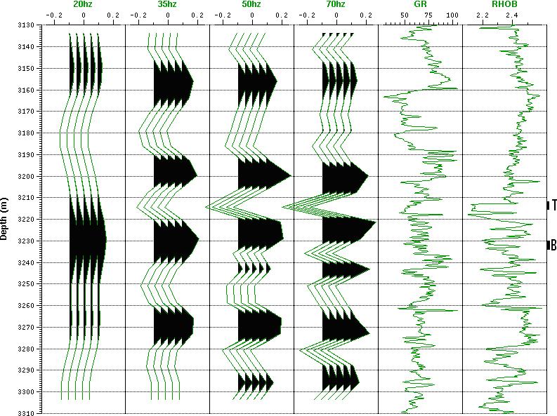 A wavelet com freqüência dominante de 70hz é inviável em termos práticos de aquisição sísmica, porém a sua utilização de wavelets com freqüências