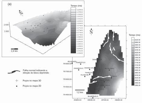 FIGURA 8. Mapa estrutural em tempo da primeira seqüência turbidítica da Formação Macaé no Campo de Namorado. (a): projeção 3D do mapa estrutural apresentando o turbidito afundando no oeste. FIGURA 9.