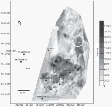 FIGURA 11. Mapa de atributo Average Trough Amplitude sobre a primeira seqüência turbidítica da Formação Macaé. TABELA 1.