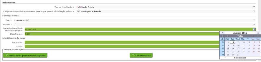 Os campos Instituição e Curso são campos de texto livre, a preencher de acordo com os dados que constam no respetivo Certificado de Habilitações.