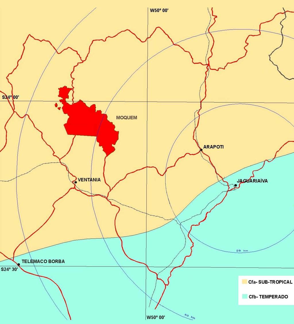 94 As Figuras 11 e 12, ilustram a localização geográfica da região de coleta das amostras e a localização geográfica do distrito florestal de Moquém, destacado em vermelho, e sua região bioclimática.