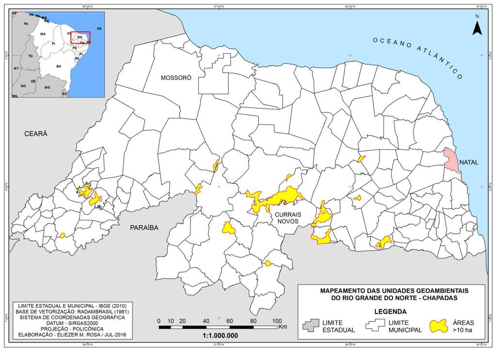 Após georrefenciar o arquivo digital do mapa geomorfológico do projeto RADAMBRASIL (1981) e vetorizar as áreas correspondentes as letras Et (formas erosivas-formas tabulares), foram calculadas as