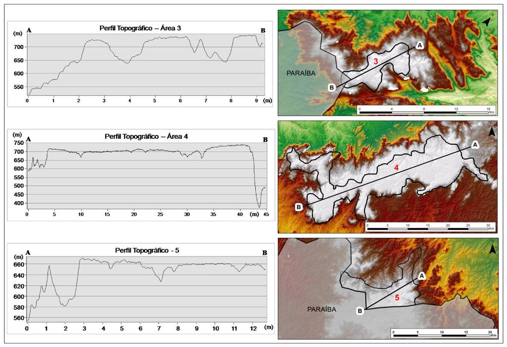 Figura 6 Perfis topográficos sobre as áreas 3, 4 e 5. Fonte: projeto RADAMBRASIL (1981) e Radar - SRTM (resolução espacial de 30 metros).