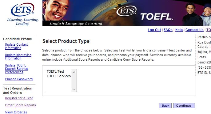 2. Para se registrar clique em TOEFL test e depois no botão Continue.