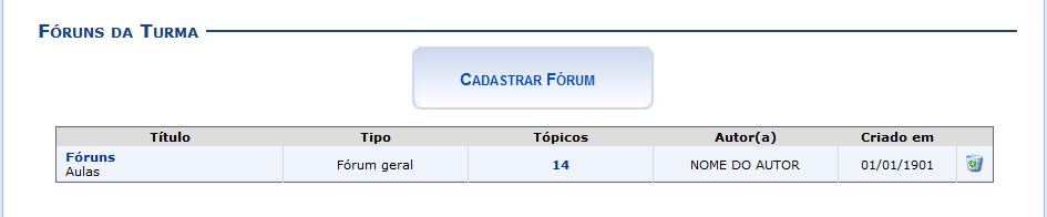 12. Fóruns Esta funcionalidade permite ao docente realizar o cadastro de um novo fórum destinado para discussões relacionadas ao curso e também para dar avisos gerais a todos os alunos, bem como,