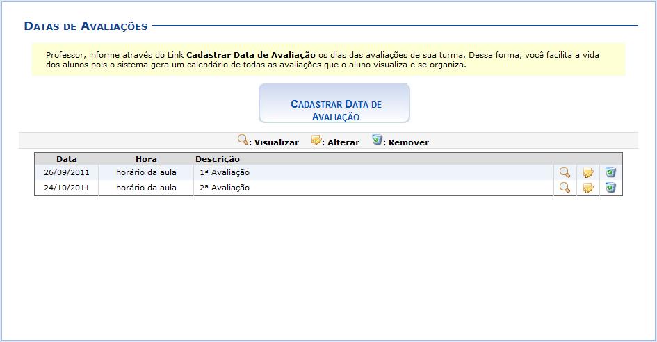 31. Avaliações Esta funcionalidade permite que o docente cadastre uma data de avaliação para a turma virtual.