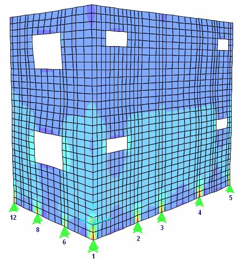 A Figura 29 apresenta as paredes 15 e 19, com a distribuição das tensões de membrana apresentada na forma deformada da estrutura.