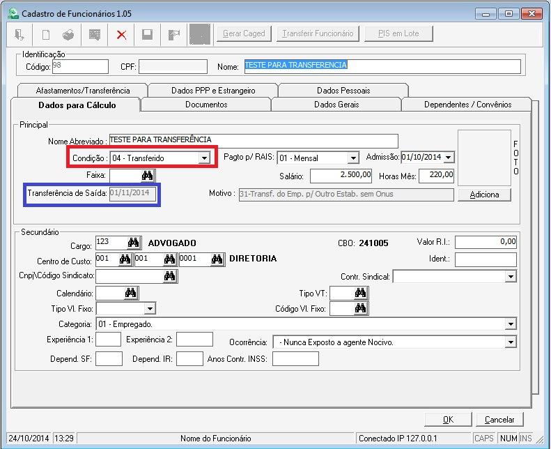 Condição do funcionário ficará como Transferido e a data de transferência