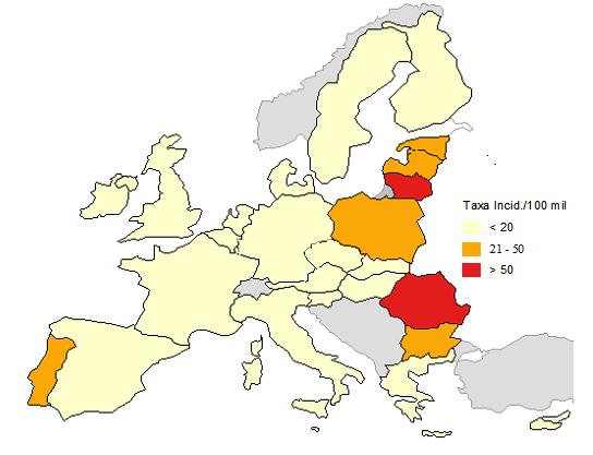 A Tuberculose na União Europeia Em 2009 foram notificados um total de 79665 casos de Tuberculose na União Europeia (UE) e países da EFTA, entre novos e retratamentos (15,8/10-5 ), sendo que a