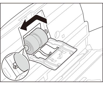 Anexar o Rolete de Retardo 1 Insira o rolete de retardo dentro do slot. Alinhe o entalhe do rolete com o eixo da unidade principal, e empurre o rolete para dentro do slot.