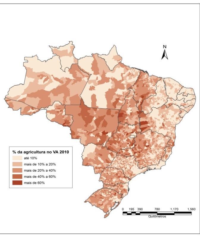 Mapa 7 Participação da agricultura no valor adicionado dos municípios 2010 Fonte: Favareto et al (2014), com base nos dados do IBGE