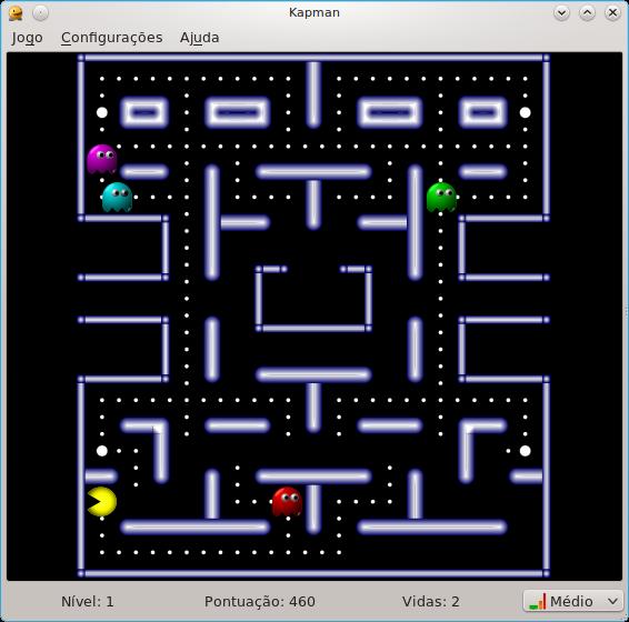 Capítulo 1 Introdução TIPO DE JOGO: Arcade NÚMERO DE JOGADORES POSSÍVEIS: Um O Kapman é um clone do conhecido jogo Pac-Man. Você deve passear pelos níveis escapando dos fantasmas em um labirinto.