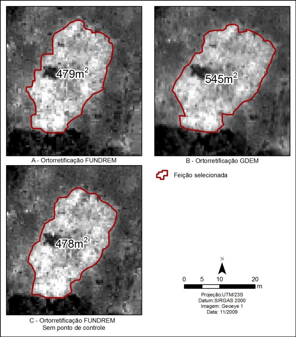 Figura 3 - Alteração das feições no terreno de acordo com o procedimento de ortorretificação utilizado sobre a imagem Geoeye. 4.