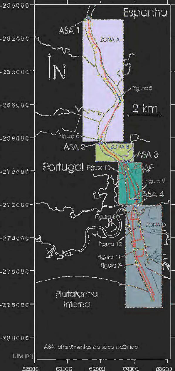 Fig. 9.1 Localização dos perfis sísmicos (a tracejado vermelho) obtidos no decurso da campanha WADI ANA.