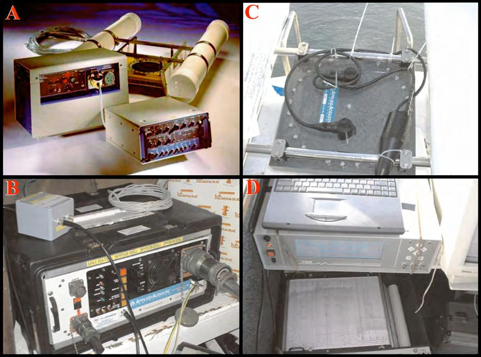 Fig. 9.3 Alguns elementos do equipamento do Geopulse: A) Equipamento geral de Geopulse; B) Fonte de energia.: C) Emissor acústico; D) Registador de papel térmico.