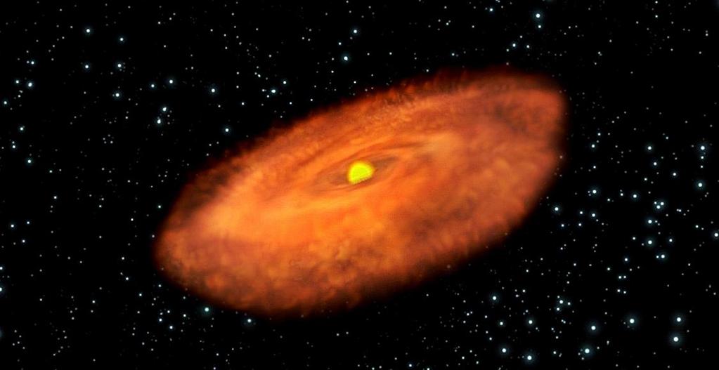O Nascimento O disco começa a girar cada vez mais rápido atraindo mais material a sua volta, criando um núcleo denso e quente, chamado de Protoestrela.