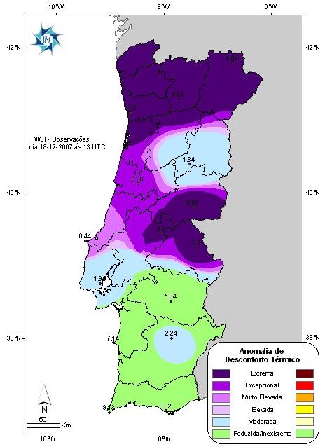 Dezembro A média da temperatura média do ar no mês de Dezembro 2007 em Portugal Continental foi inferior ao valor médio (1961-1990) em cerca de 0.4 C.