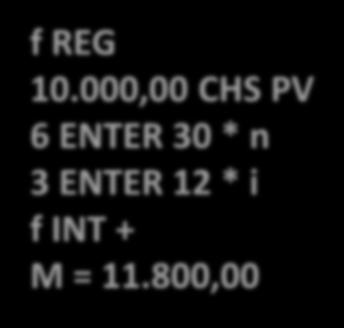 000,00 CHS PV 6 ENTER 30 * n 3 ENTER 12 * i f INT + M = 11.800,00 10.000,00 2,7970% 279,70 10.279,70 10.279,70 2,7970% 287,52 10.567,22 10.567,22 2,7970% 295,57 10.862,79 10.