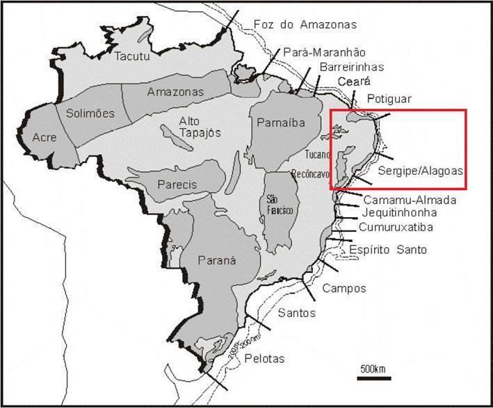 1 1. INTRODUÇÃO A Bacia de Sergipe-Alagoas está localizada na margem nordeste do Brasil (Figura 1), cobrindo uma área de aproximadamente 13 mil km² em terra e de 35 mil km² no mar (Bizzi et al.