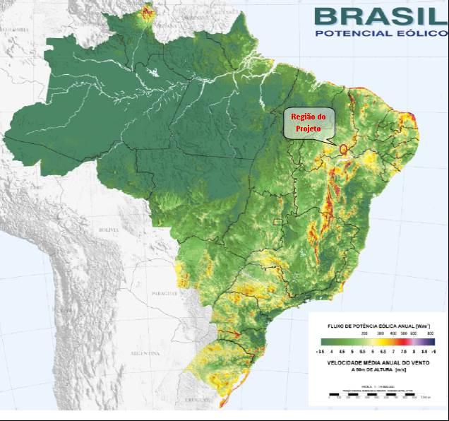 Localização da Área do Empreendimento no Mapa do Potencial Eólico Brasileiro Fonte: Adaptado de