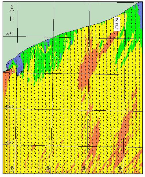 118 As ondulações provenientes de SSW proporcionaram as piores condições de mar para o litoral estudado, mantendo a convergência das maiores alturas de onda nas proximidades do Perfil 5, desta vez,