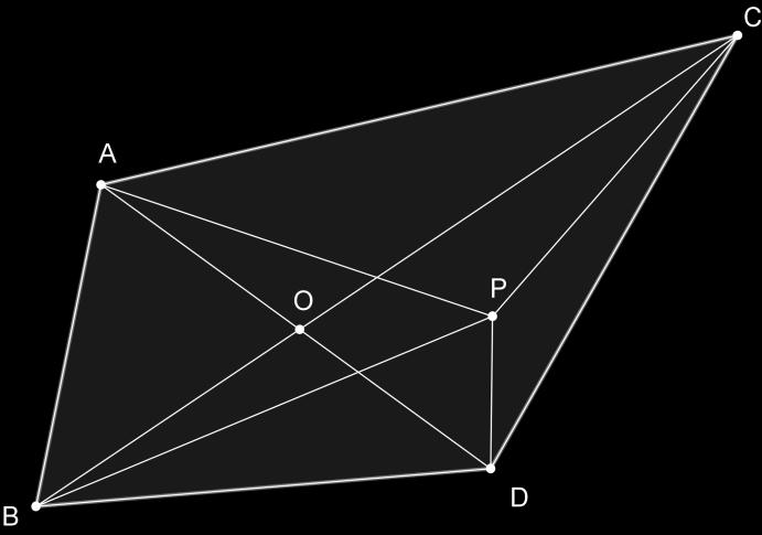 Isto significa que a soma das distâncias de P aos vértices não é menor que a soma das distâncias de O aos vértices. É claro que esta soma só será igual a AD + BC se os pontos P e O coincidirem.