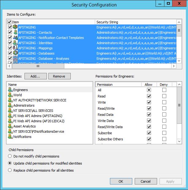 Configuração de segurança no PI AF Janela Configuração de segurança Você pode abrir a janela Configuração de segurança em qualquer lugar do PI System Explorer no qual o link Segurança é exibido em