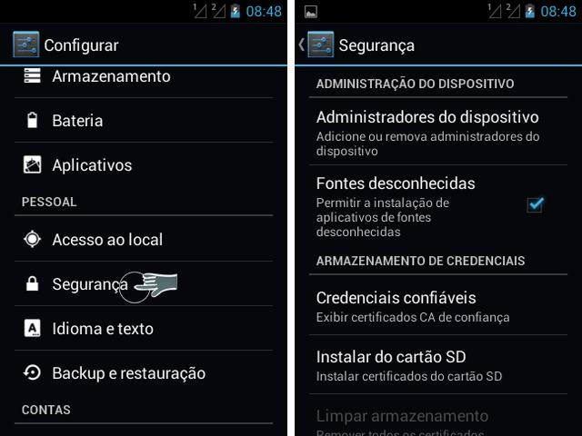 Mobile Fontes Desconhecidas Neste submenu encontre a opção Fontes Desconhecidas (Unknown Sources) Exatamente a que precisamos.