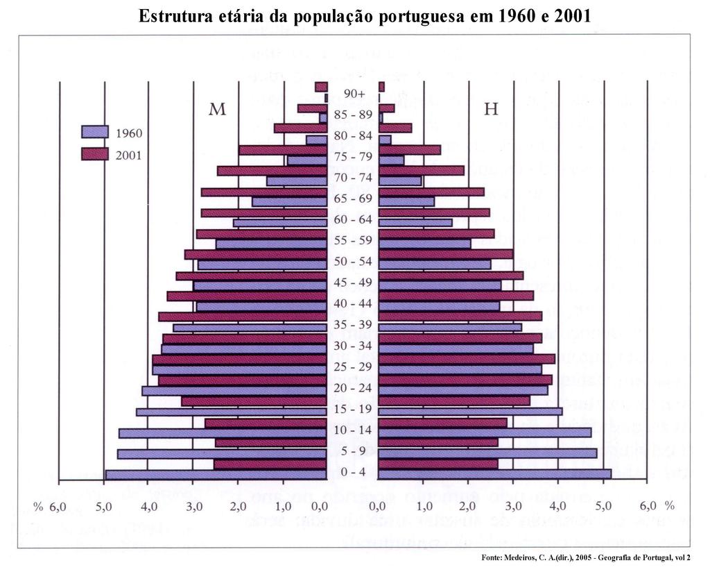 Figura 3 Estrutura etária da população portuguesa em 1960 e 2001 1 - Observe a Figura 3 e comente a evolução ocorrida na estrutura etária da população.