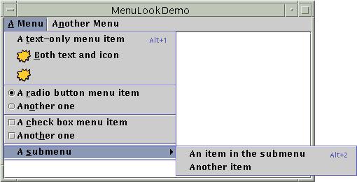 Menus de Escolha JMenuItem possui duas sub-classes que permitem a escolha de opções: JCheckBoxMenuItem