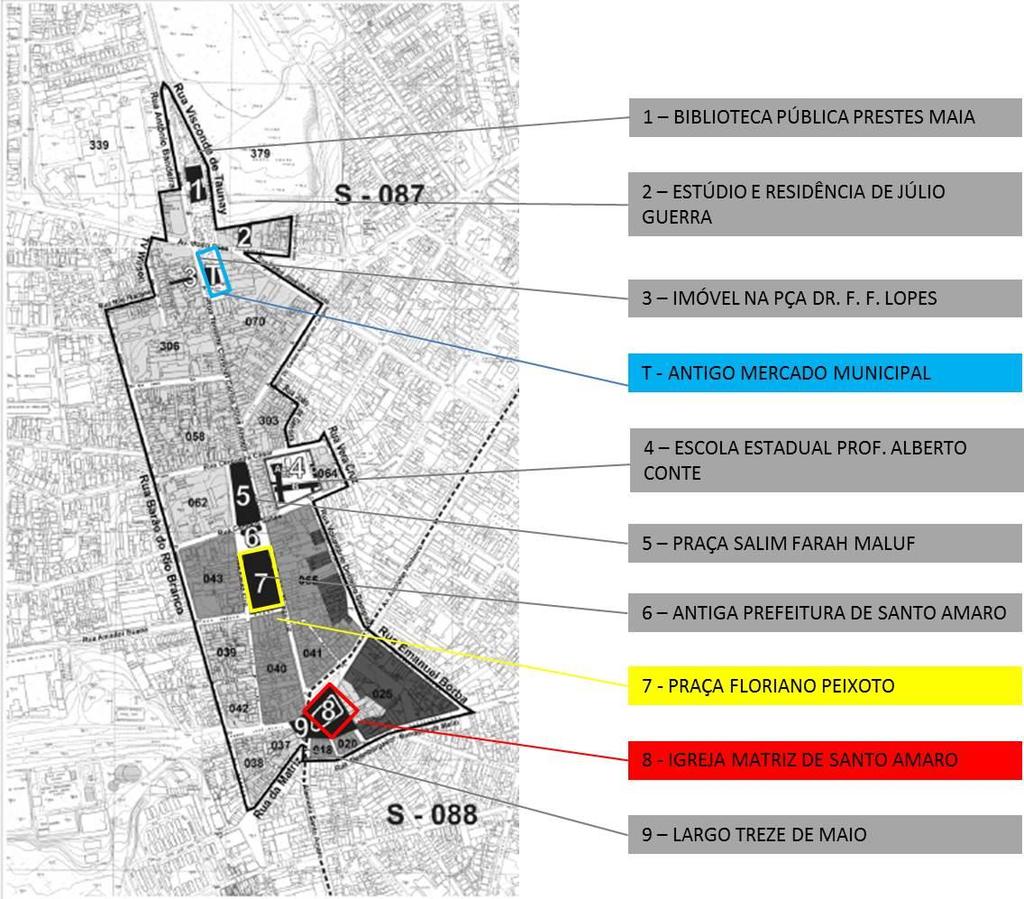 Figura 8 Mapa do Perímetro do Eixo Histórico de Santo Amaro, com a indicação dos logradouros e imóveis tombados pela Resolução 27/CONPRESP/14.