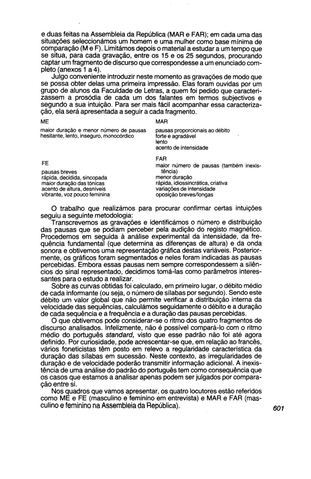 e duas feitas na Assembleia da República (MAR e FAR); em cada uma das situações seleccionámos um homem e uma mulher como base mínima de comparação (M e F).