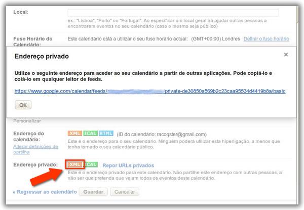 Pode a partir de agora fechar a página do Google Calendar já que a restante configuração é no Thunderbird.