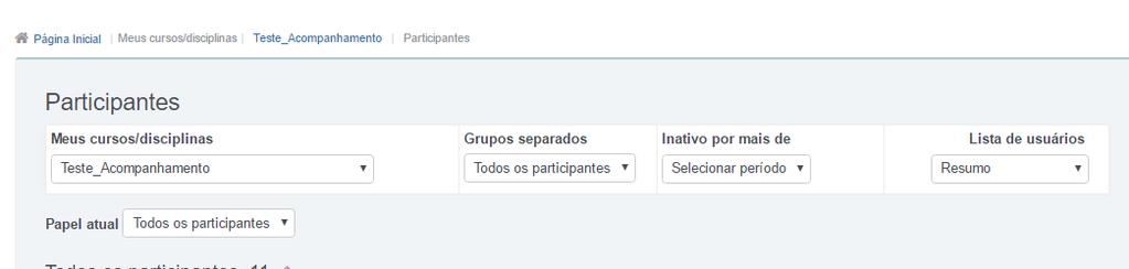 No topo da tela dos PARTICIPANTES há também outras opções: Figura 6 Tela com as opções da lista dos participantes do curso Meus cursos/disciplinas: lista todas as disciplinas/cursos que você está