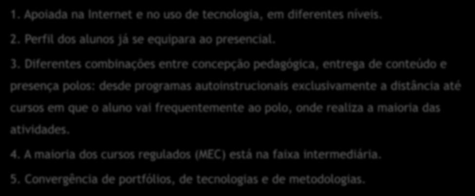 Características da EaD brasileira 1. Apoiada na Internet e no uso de tecnologia, em diferentes níveis. 2. Perfil dos alunos já se equipara ao presencial. 3.