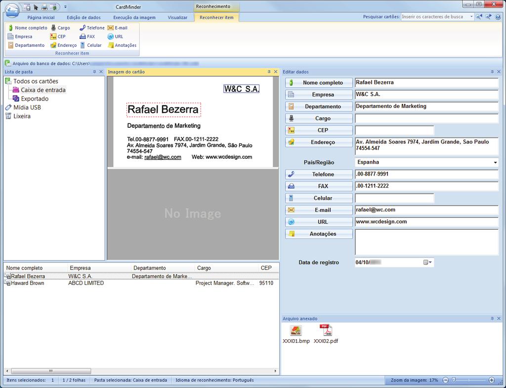 O que é possível fazer com o CardMinder 1 2 3 No. Descrição 1 Na guia [Execução da imagem], você pode executar as correções, como girar a imagem do cartão ou alterar as imagens de frente e verso.
