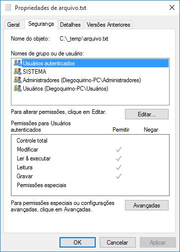 sobre o arquivo/pasta Opção Propriedades OU navegando pelas guias do Windows Explorer.