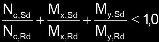 6.5.3 Flexão composta A força axial de compressão solicitante de cálculo e o momento fletor solicitante de cálculo devem satisfazer a seguinte equação de interação: Onde: N c,sd é a força axial de