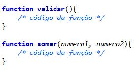 Criando funções JavaScript Utilizamos a palavra reservada function seguida do nome da função e da lista de