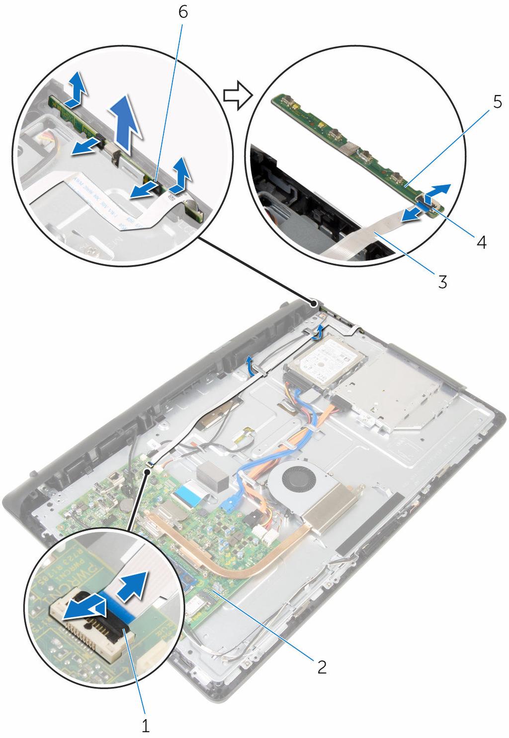 5 Levante o trinco e desligue o cabo da placa dos botões de controlo da respectiva placa.