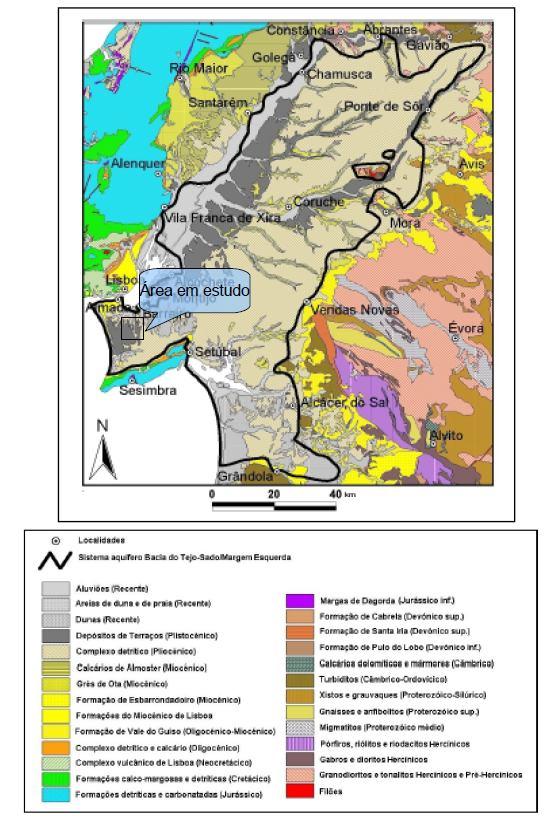 Enquadramento Hidrogeológico Sistema Aquífero da Bacia do Tejo-Sado/Margem Esquerda; Sistema multiaquífero complexo, constituído por aquíferos porosos, multicamada, em geral confinados ou